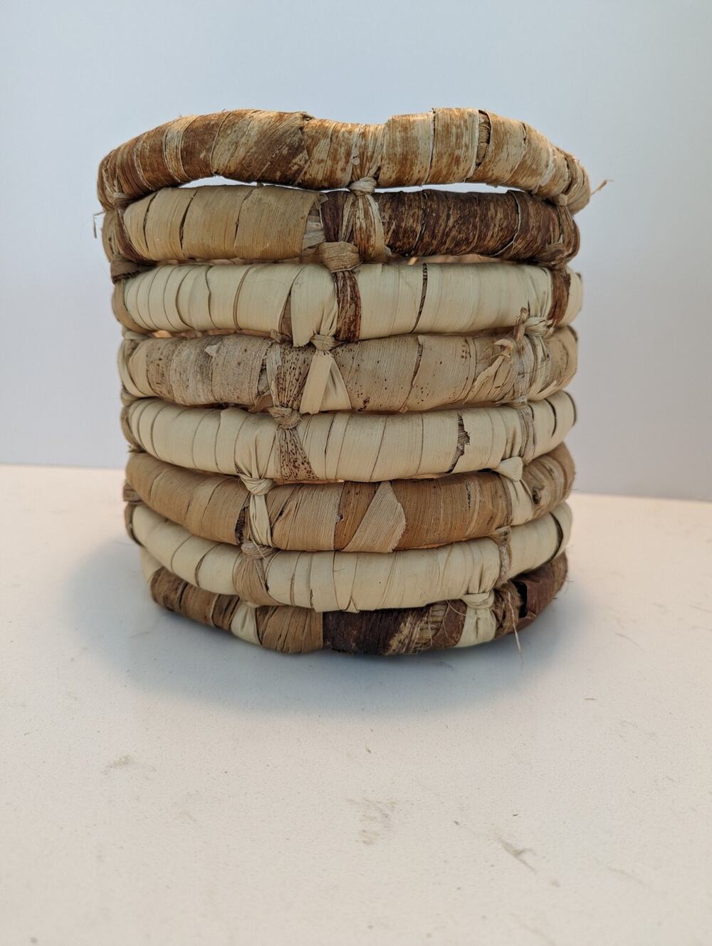 Vtg Chunky Woven Coiled Maize Corn Husk Planter Basket Handmade Earthy Boho